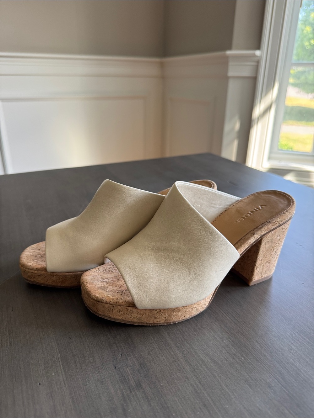 Vince Cream Leather Cork Block Heel Mules